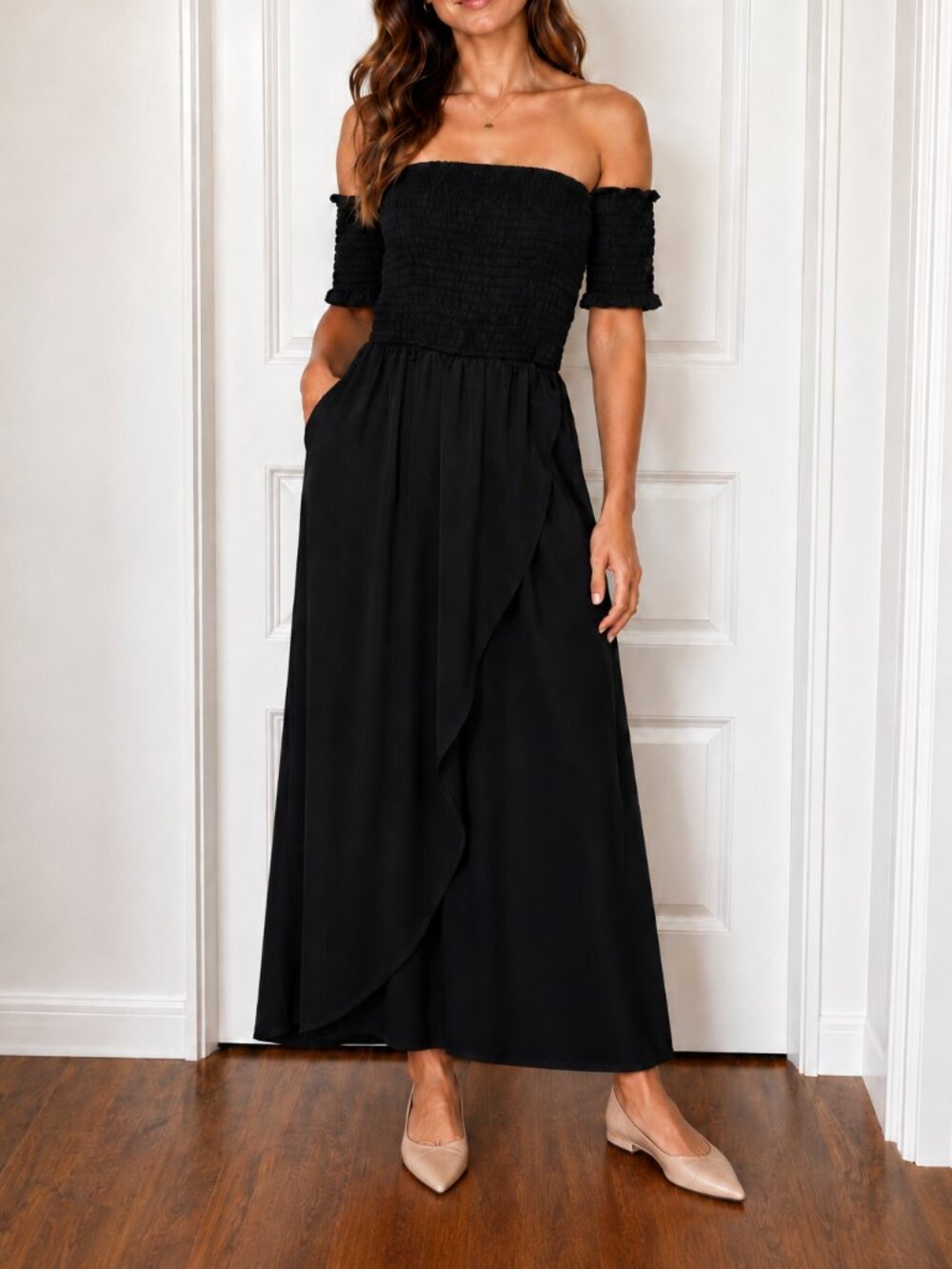 PARISIAN Black Off Shoulder Smocked Maxi Dress Size Medium Made in Italy - Picture 12 of 12